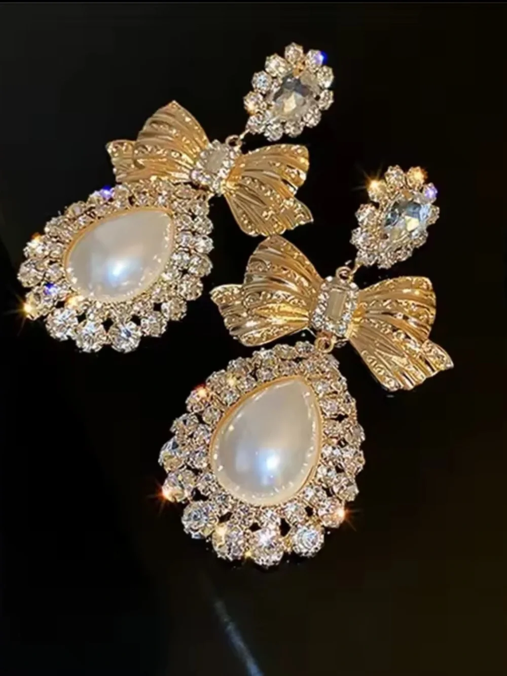 Gold Bow Pearl Drop Earrings with Clear Crystals